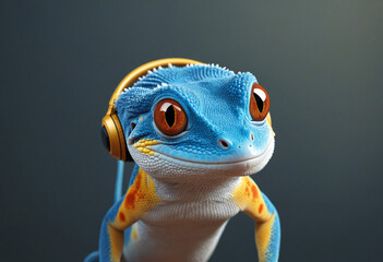 Vibrant Gecko with Blue and Orange Scales Wearing Headphones and Smiling in a Cartoon Style Illustration