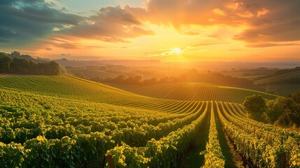 Sunset over a vineyard, rows of grapevines glowing in the warm light, a picturesque scene of agricultural beauty -