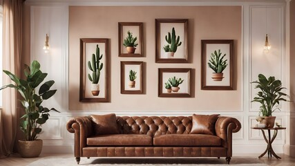 Retro interior design of living room with stylish vintage leather sofa and table, plants, cacti, personal accessories and gold mock up poster frame on the beige wall. Elegant home decor.