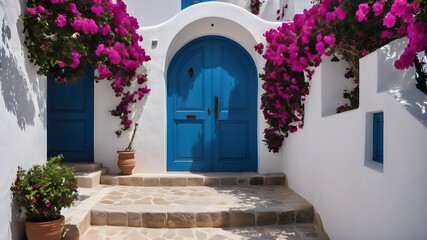 Fototapeta na wymiar Antique wooden door of blue color in background or white wall with pots and blooming bougainvillea. Andalucia.