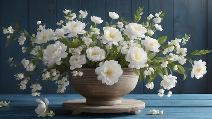 Spring background. White rustic flowers on blue wooden table