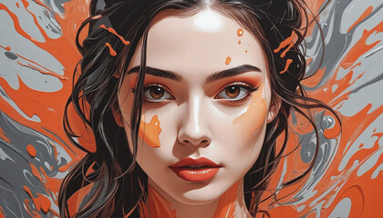 "Abstract Acrylic Portrait of a Glamorous Lady with Red Lips and a Grunge Background"