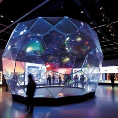 Futuristic Geodesic Dome Exhibition Space with Interactive Displays - obrazy, fototapety, plakaty