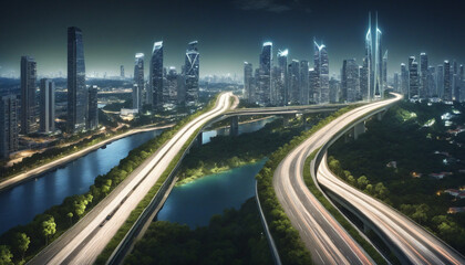 "Revolutionizing Urban Transportation: Sustainable Eco-friendly Highway Design with Modern Cityscape Background"