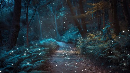 Surreal forest pathway at night, bioluminescent plants lighting the way, stars visible through the tree canopy above - obrazy, fototapety, plakaty