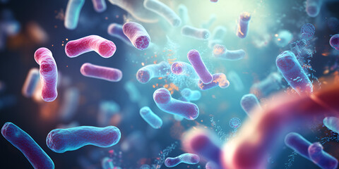 Bacterial Probiotics in Biomedical Science: Microscopic Medicinal Approach for Digestive Health, Stomach Care, Treating Escherichia Coli, Bacteria Virus Microscopic image close up 3D render - obrazy, fototapety, plakaty