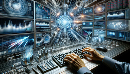 Transformative High Frequency Trading: Sleek desk, digital fragments, and rapid trades