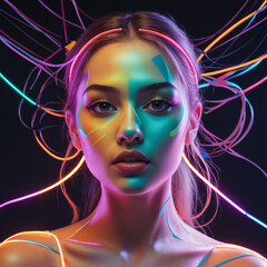 Naklejka premium Vibrant Neon Portrait of a Woman Capturing Diverse Moods through Technological Abstract Illustration with Surreal Light and Colourful Art Elements