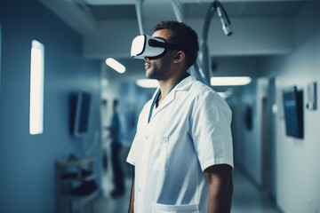 A doctor or nurse healthcare worker wearing VR virtual reality headsets in a hospital