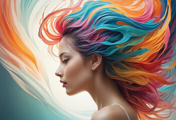 Fototapeta premium A woman's surreal profile with abstract hair seamlessly blending into a vibrant and flowing dreamscape, reflecting her imaginative and artistic expression 
