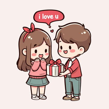 a cute illustration of a man giving gift to a woman