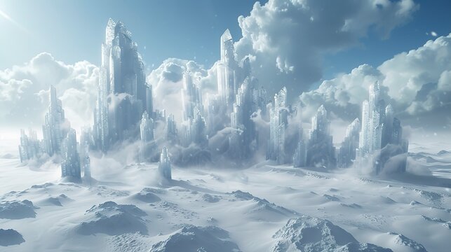 Surreal snowy landscape, giant ice crystals rising from the ground, a fantastical winter scene inspired by sci-fi imagination 