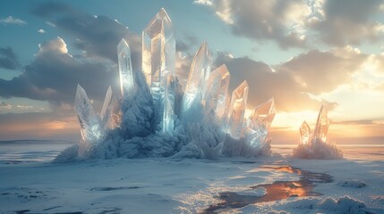 Surreal snowy landscape, giant ice crystals rising from the ground, a fantastical winter scene inspired by sci-fi imagination  - obrazy, fototapety, plakaty