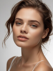 Fototapeta premium Cosmetology, beauty and spa, Portrait beautiful young woman with clean fresh skin. Model with healthy skin, close up portrait.