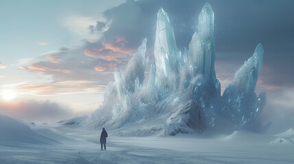 Surreal snowy landscape, giant ice crystals rising from the ground, a fantastical winter scene inspired by sci-fi imagination - obrazy, fototapety, plakaty