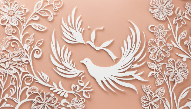 "Artistic Cut-Out Silhouette of a Dove Surrounded by Spring Floral Designs on a Pale Peach Background"