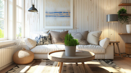 Bright Scandinavian Living Room Design with Comfortable Sofa and Round Coffee Table
