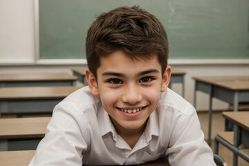 Close-up of a happy boy sitting in the classroom with copy space