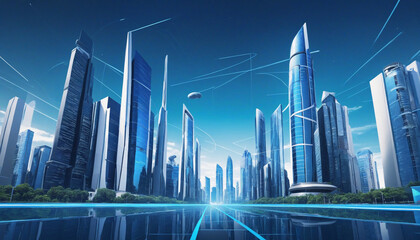 A metaverse smart technology city with digital futuristic data skyscrapers against a technological blue background, 