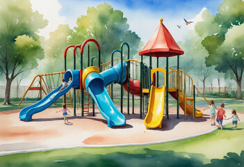 Vibrant Watercolor Playground with Slides and Swings