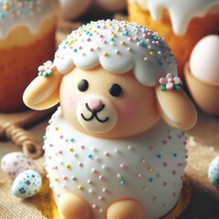 Close-up of a traditional Easter lamb cake decorated with icing and pastel-colored sprinkles Sweet and delightful Perfect for Easter dessert-themed designs 