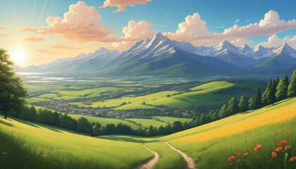 Obraz premium Vibrant Panoramic Landscape: Rolling Meadows, Serene Hills, and Majestic Mountains Under a Sunlit Sky with Sun-Kissed Clouds