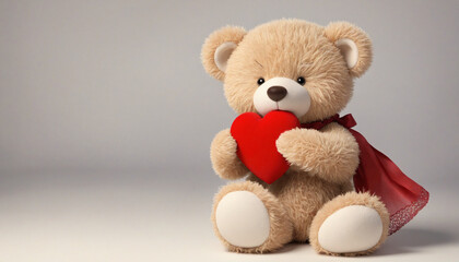 Obraz premium Romantic Teddy Bear Holding a Red Heart on a Wood Background