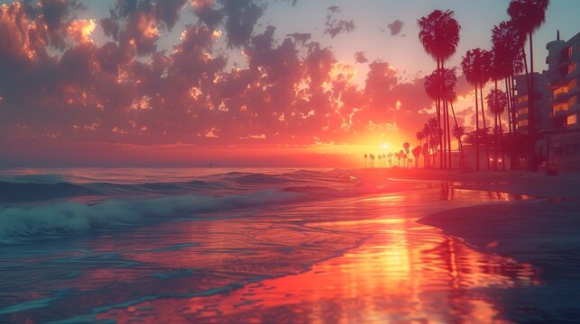 Vintage-style beach sunset, rendered with a film-like grain and muted colors, capturing the nostalgia of summer evenings 