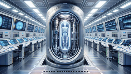 Modern cryonics capsule in a pristine industrial setting, showcasing advanced functionality. - obrazy, fototapety, plakaty