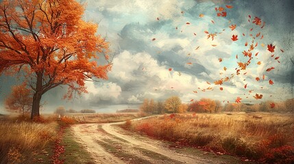 Vintage-style painting of an old countryside lane during fall, leaves swirling in the wind, a nostalgic and romantic feel