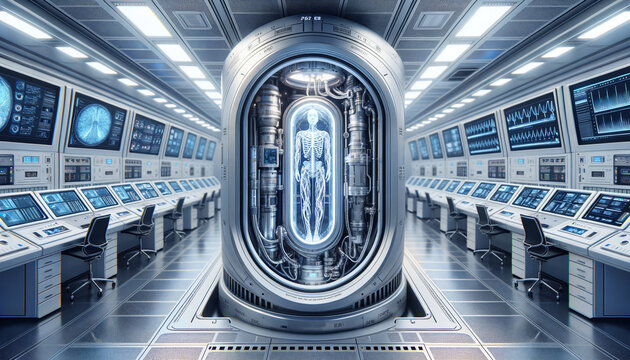 Modern cryonics capsule in a pristine industrial setting, showcasing advanced functionality.