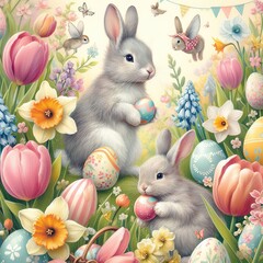 Close-up of a whimsical Easter bunny garden party with rabbits frolicking amidst blooming tulips, daffodils, and hyacinths Playful and charming Perfect for Easter party invitations 