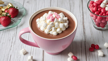 Fototapeta na wymiar Delicious Hot Chocolate Mug with Marshmallows and Candies