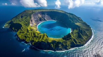 Volcanic island rising from the sea, its crater a dark contrast against the vibrant forest and sandy beaches that encircle it - obrazy, fototapety, plakaty