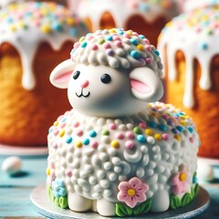 Fototapeta na wymiar Close-up of a traditional Easter lamb cake decorated with icing and pastel-colored sprinkles Sweet and delightful Perfect for Easter dessert-themed designs 