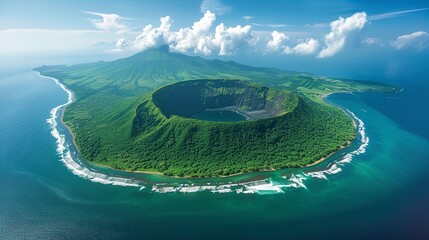 Volcanic island rising from the sea, its crater a dark contrast against the vibrant forest and sandy beaches that encircle it  - obrazy, fototapety, plakaty