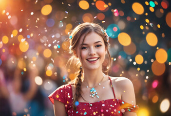 Obraz na płótnie Canvas Vibrant Bokeh with Sparkling Lights and Colorful Background for a Fun-loving Party Girl