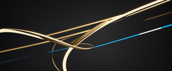 Abstract luxurious gold geometric circular lines on plain black background illuminated by blue light