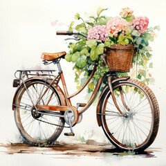 Fototapeta na wymiar Watercolor Illustration of a Rustic Bicycle with a Front Basket Filled with Plants and Pink Flowers on White Background