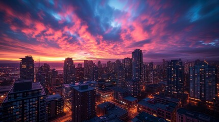 Naklejka premium Cityscape at dusk with dramatic lighting, capturing the vibrant colors of city lights and architecture.
