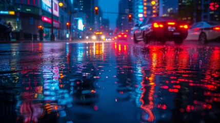Cityscape reflections in rain, urban scene during rainfall, with reflections of city lights on wet streets.