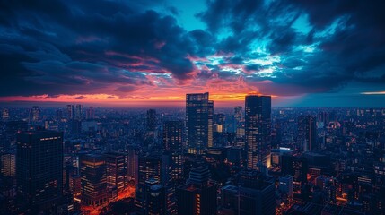 Obraz premium Cityscape at dusk with dramatic lighting, capturing the vibrant colors of city lights and architecture.