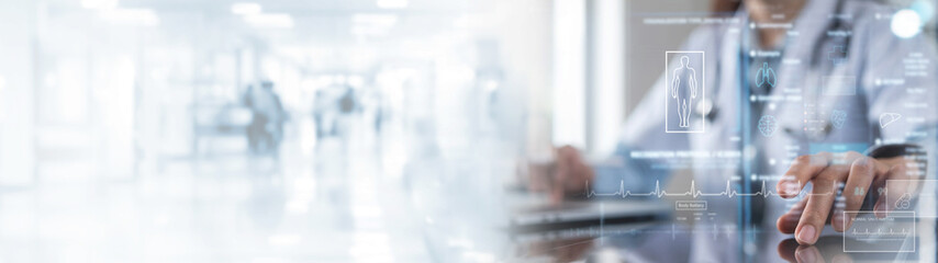 Medical technology, EMRs Electronic medical record system concept. Doctor using digital tablet,...