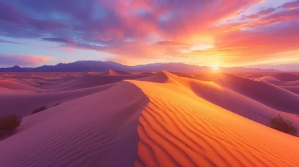 Fototapete Backstein Desert Landscape, vast desert landscape with dunes and a colorful sunset casting warm tones across the scene.