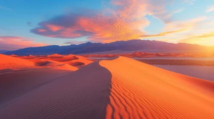 Papier Peint photo Lavable Orange Desert Landscape, vast desert landscape with dunes and a colorful sunset casting warm tones across the scene.