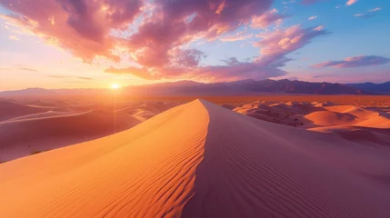 Papier Peint photo Orange Desert Landscape, vast desert landscape with dunes and a colorful sunset casting warm tones across the scene.