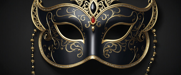 Black opera mask on plain black background.