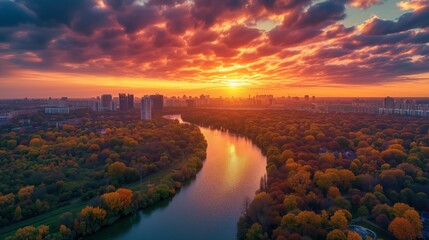 Aerial shot of a city skyline or natural landscape with vivid colors and intricate details from a unique perspective at sunset. - obrazy, fototapety, plakaty