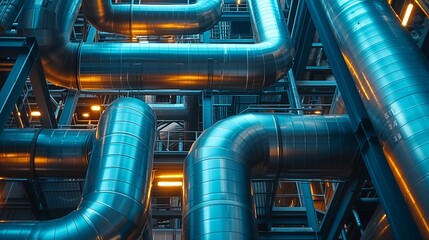 A close-up of industrial pipes and structures, showcasing the geometric beauty of manufacturing architecture.