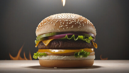 A hamburger on a table with fire in the background